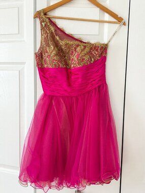 Sherri Hill Women’s Size 4 Hot Pink One Shoulder Beaded Homecoming Dress Party